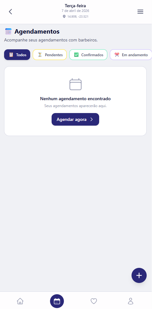 Ecrã da app BarberGo: lista de agendamentos e filtros.
