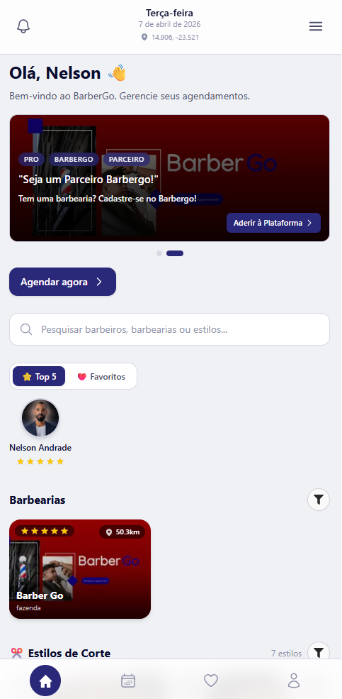 Ecrã inicial da app BarberGo: cumprimento, pesquisa, Top 5 e favoritos.