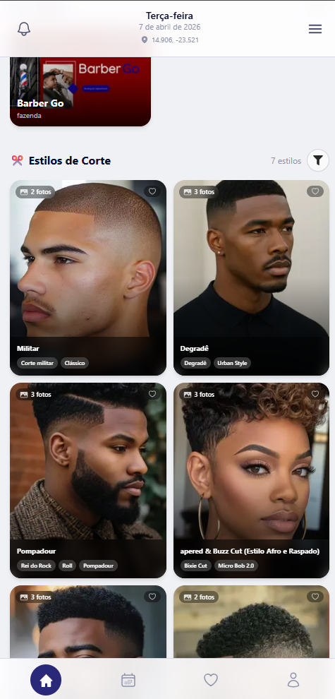 Ecrã da app BarberGo: grelha de estilos de corte.